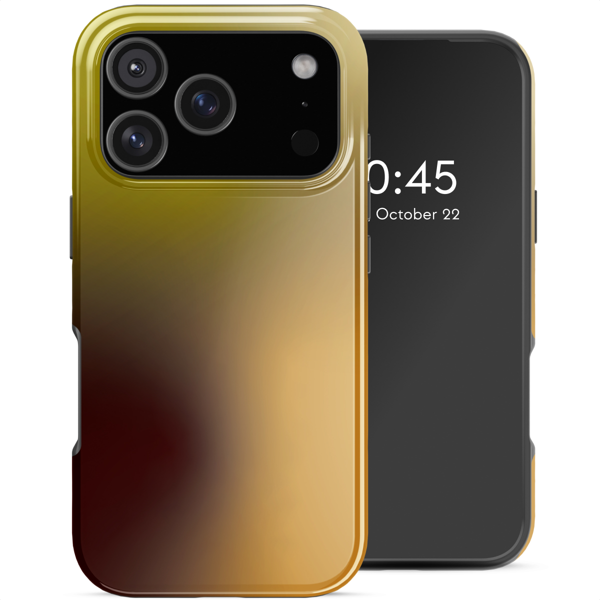 Een smartphone in een gradient case, met klok die 0:45, 22 oktober toont. De case gaat van rood naar geel.