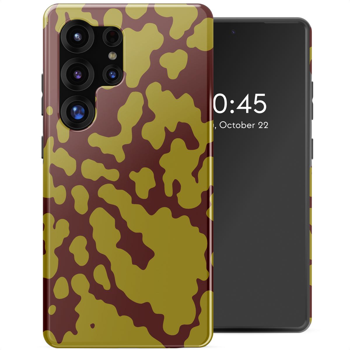 Een smartphone met een patroonhoesje. De hoes heeft een camouflage-ontwerp in bruin- en geeltinten. Het scherm toont 0:45, 22 oktober.