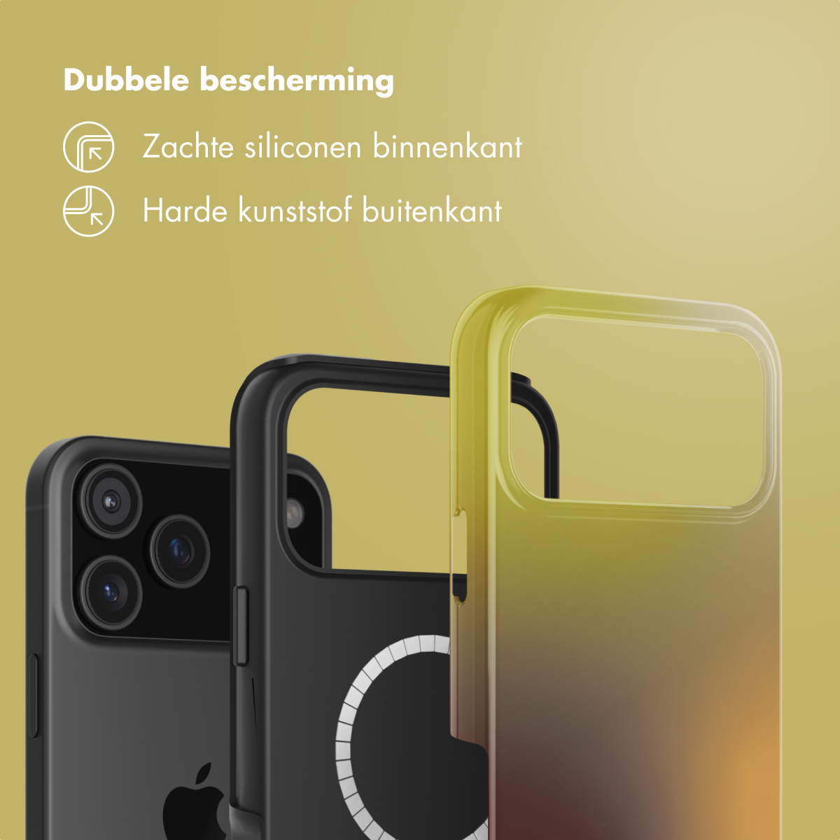 Drie telefoonhoesjes: zwart, transparant en geel-bruin verlopend. Tekst: 'Dubbele bescherming', 'Zachte siliconen binnenkant', 'Harde plastic buitenkant'.