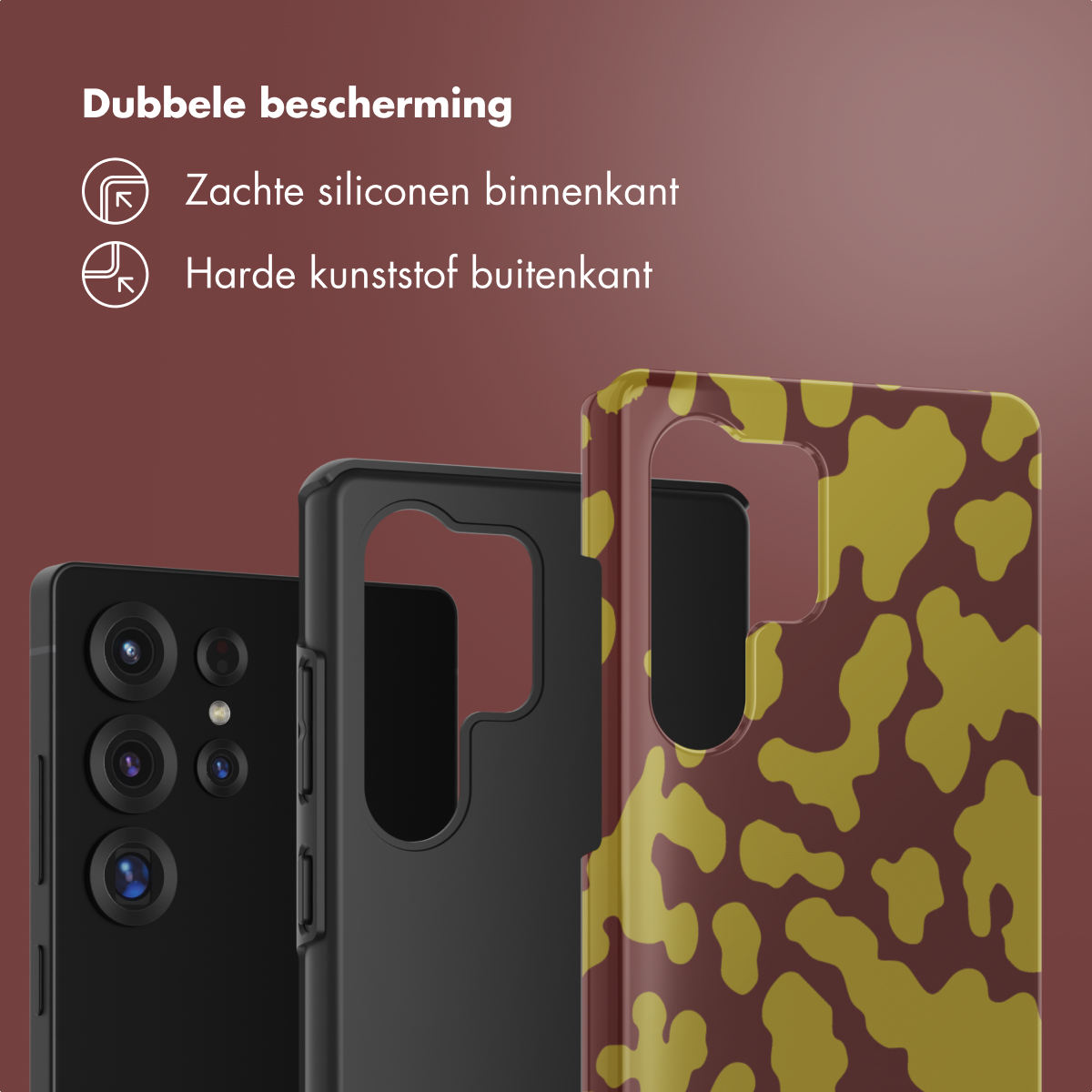 Telefoonhoesjes met zwarte en camouflage designs. Tekst bovenaan: 'Dubbele bescherming'.