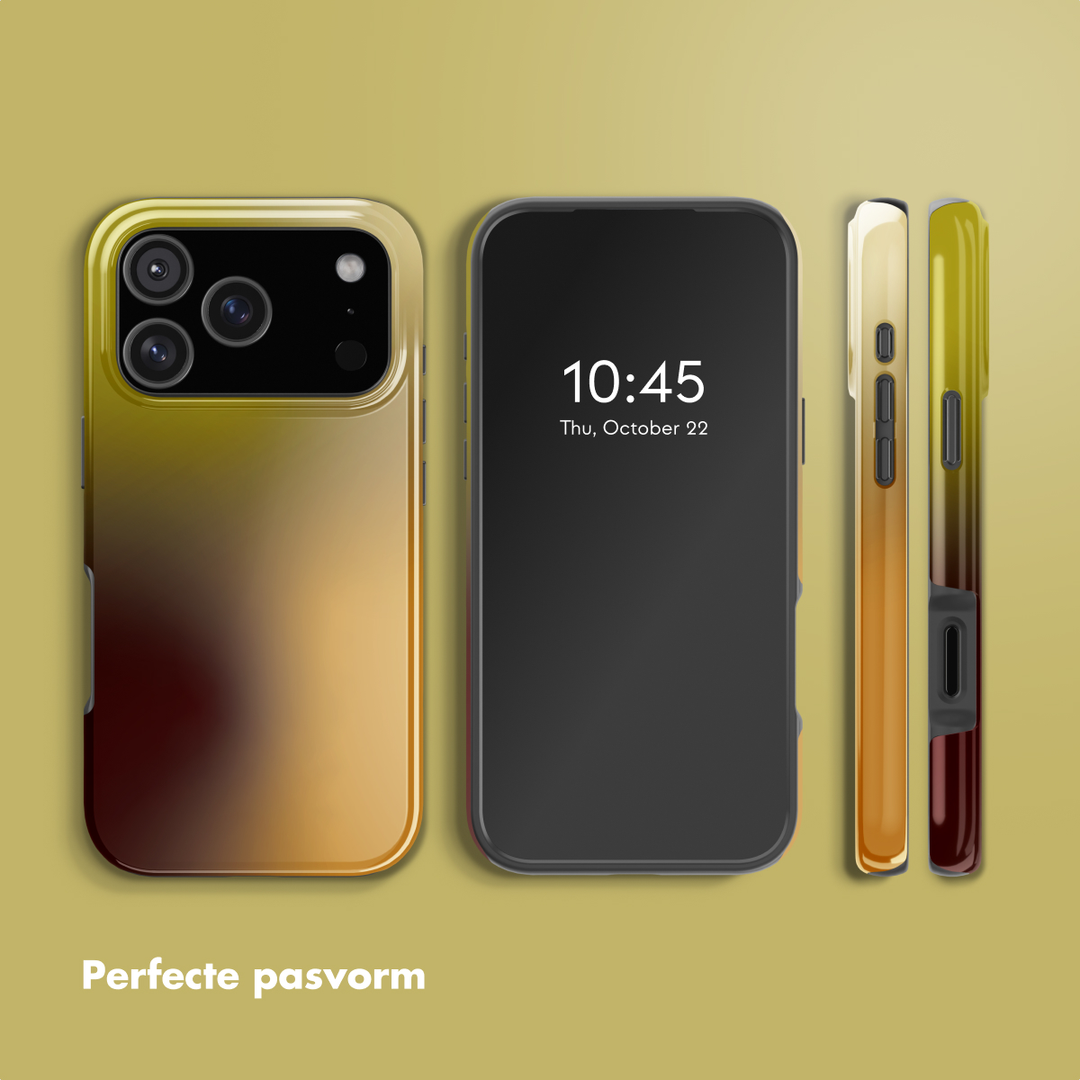 Drie telefoons met hoesjes worden getoond. Eén toont de tijd 10:45. Hoesjes hebben gele en bruine verlopen. Achtergrond is geelgroen.