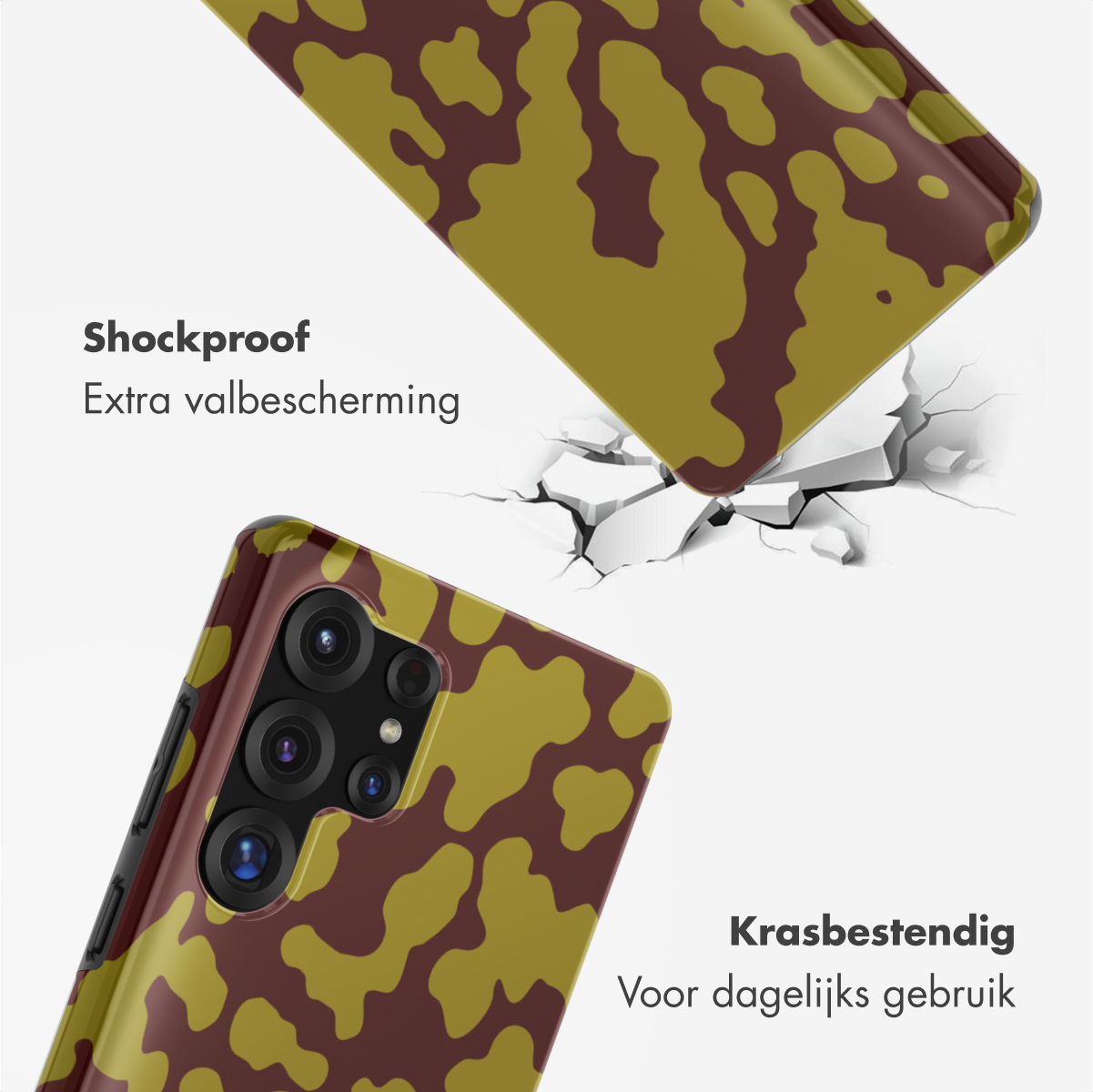 Telefoonhoesjes met camouflagepatroon. Eén valt, waardoor de grond breekt. Eén toont de camera van de telefoon.