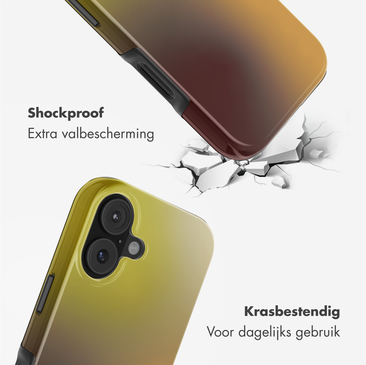 Deux coques de téléphone : une marron, une jaune-vert. La supérieure semble tomber, créant des fissures. Texte : Antichoc, Résistant aux rayures.