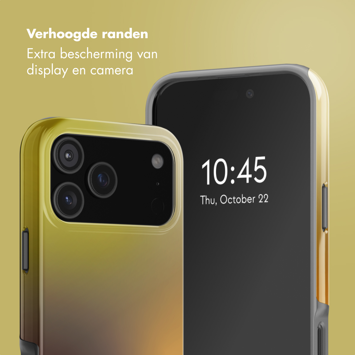Twee smartphones, één met een gele gradiënt hoes met drie camera's, de andere met een zwart scherm dat de tijd en datum weergeeft.
