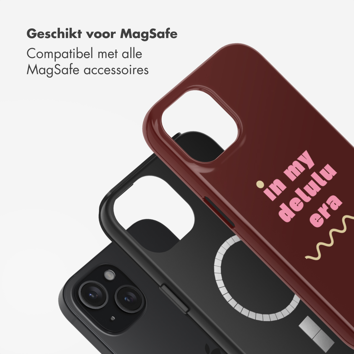 Three phone cases, one black, one dark red with pink text 'in my delulu era,' and white text indicating MagSafe compatibility.