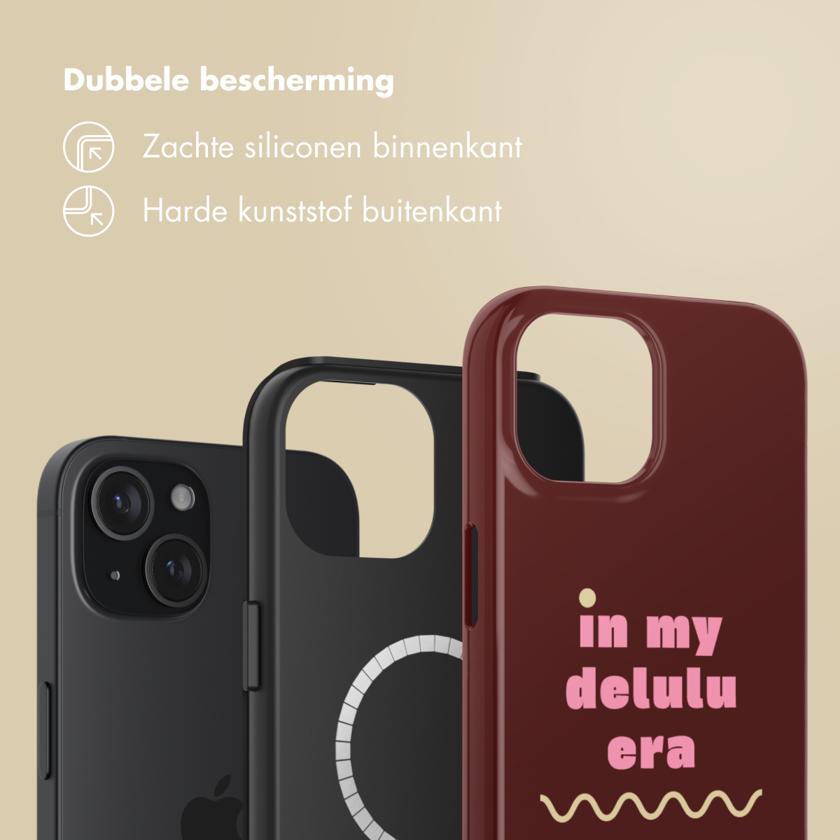 Three phone cases: black, black with a white circle, and burgundy. Text reads 'in my delulu era' on the burgundy case.