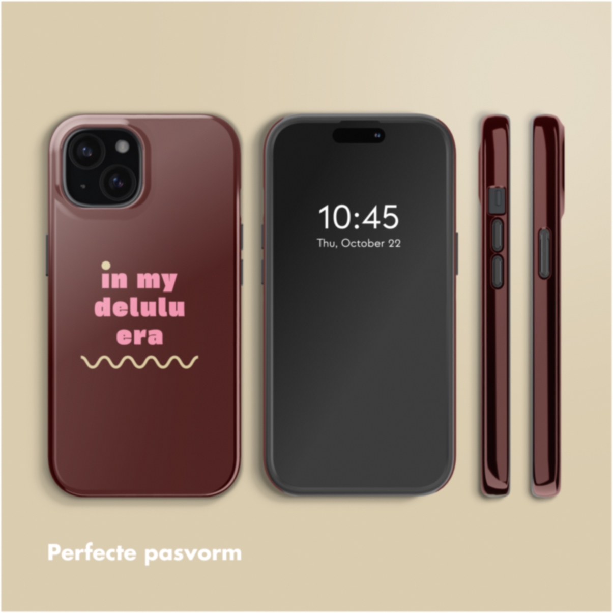 Three smartphones, one with a case reading 'in my delulu era', another showing the time, and one with the side view.