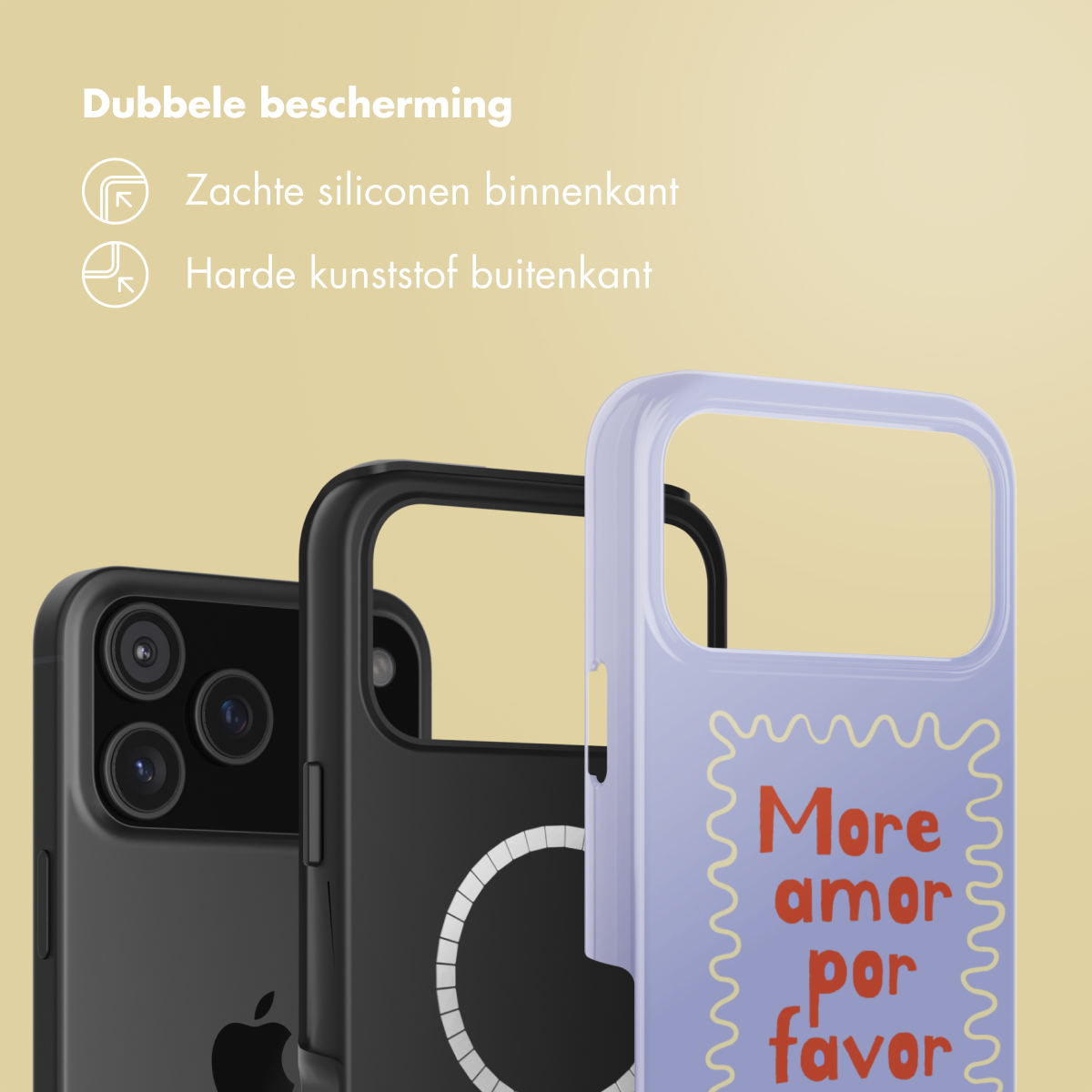 Drie telefoonhoesjes: zwart, zwart met witte cirkel en lavendelkleurig met tekst "More amor por favor" op beige achtergrond.