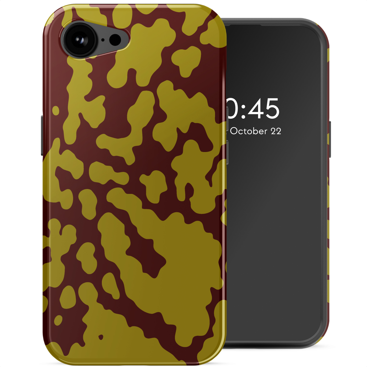 Telefoon met camouflagehoesje met tijd en datum. De hoes heeft een bordeauxrood en olijfgroen patroon.