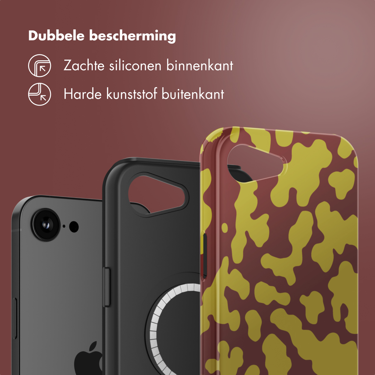 Drie telefoonhoesjes. Een zwarte, een met gele camouflage en een zwarte met een witte ring. Tekst: Dubbele bescherming.
