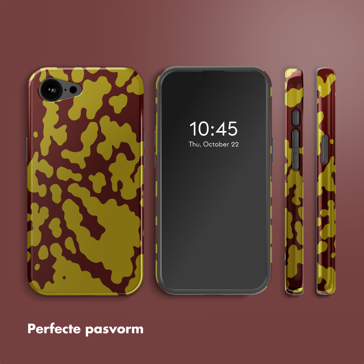 Een smartphone met een patroonhoes, de hoes is bruin met gele vlekken. Het scherm toont tijd en datum. Hoesjes staan naast de telefoon.