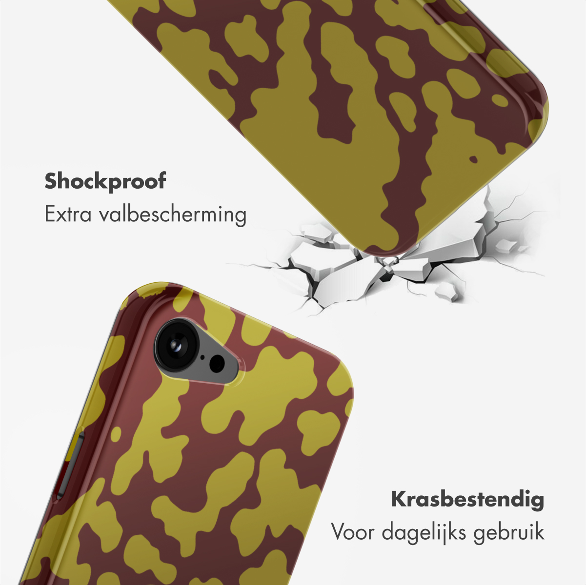Twee telefoonhoesjes met camouflage-ontwerp. Eén valt en raakt de grond. Tekst zegt 'Schokbestendig' en 'Krasbestendig'.