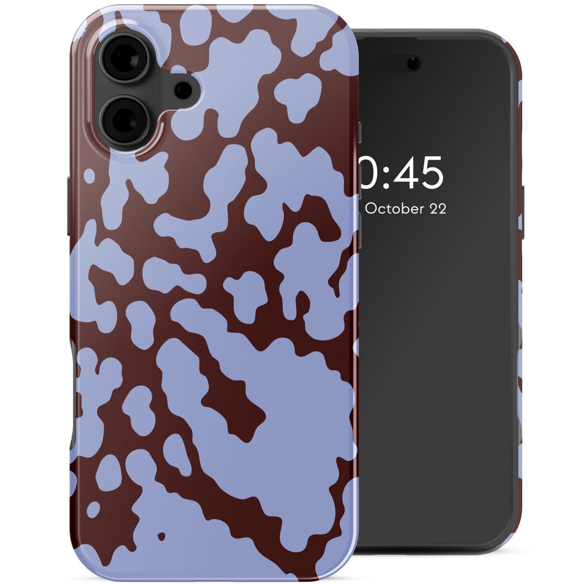Uno smartphone con una custodia a fantasia. La custodia presenta forme irregolari blu chiaro su sfondo marrone scuro. Lo schermo mostra l'ora e la data.