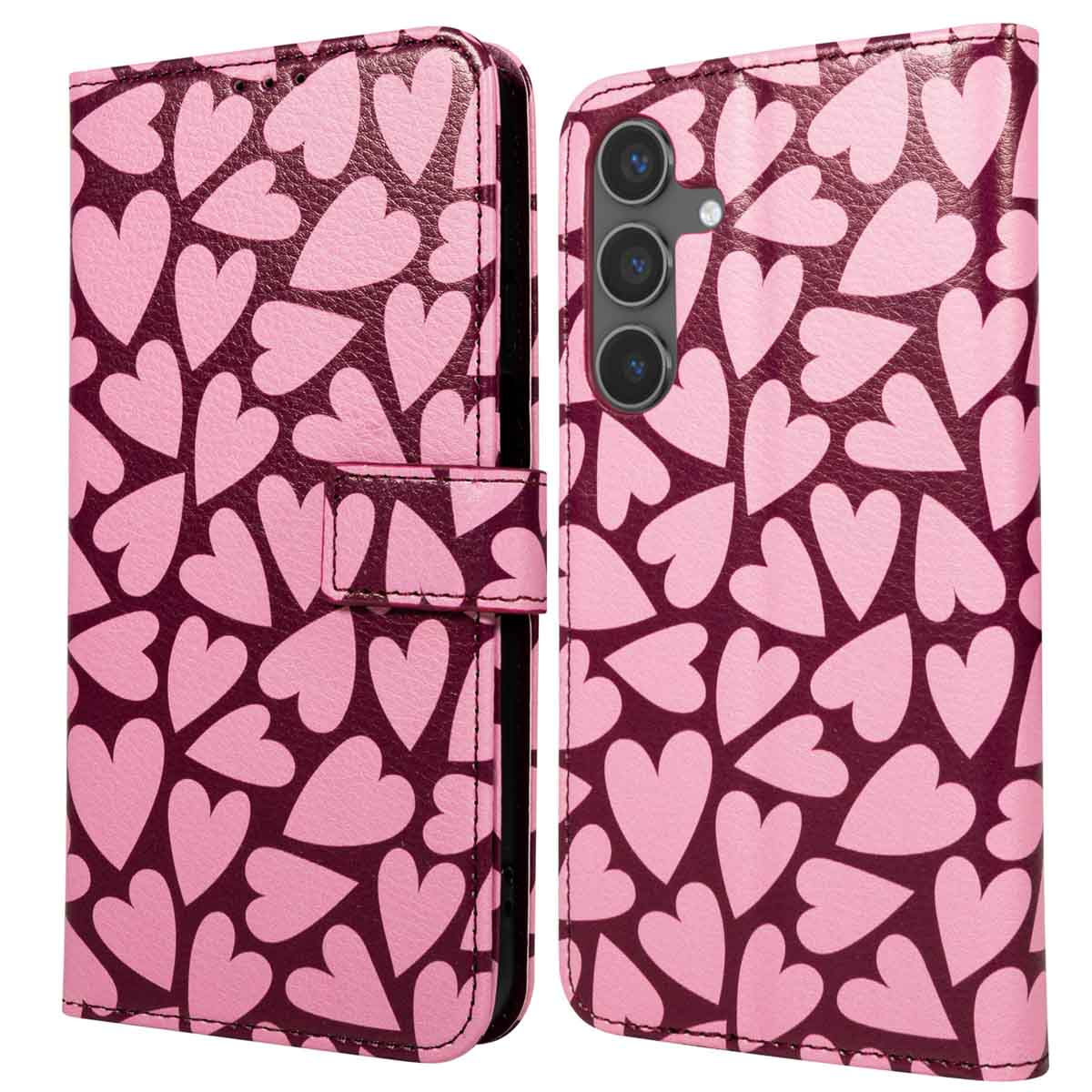 Een roze telefoonhoesje met een hartjespatroon. De harten zijn lichtroze op een donkerroze achtergrond. De hoes is open, met de telefoon.
