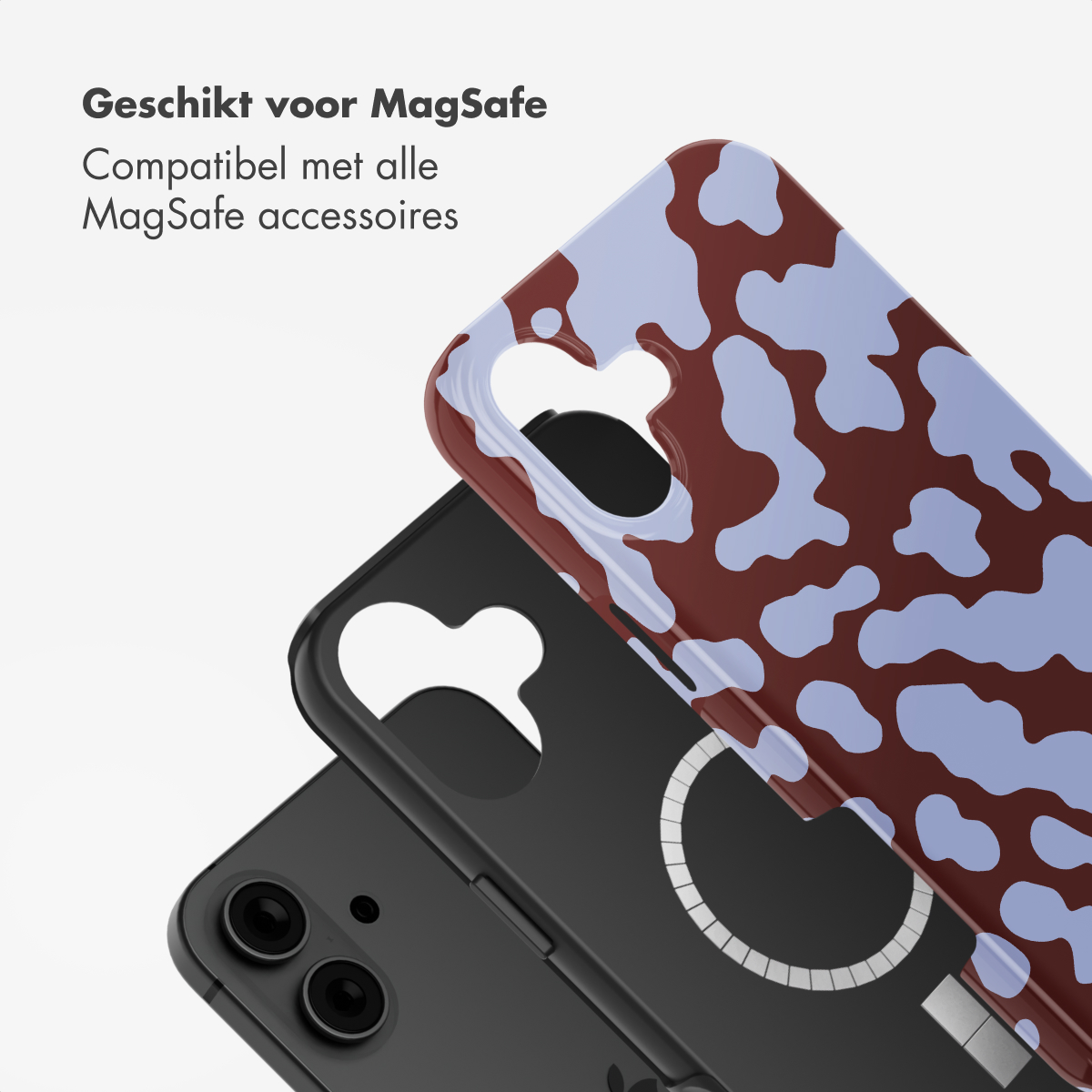 Sono mostrate tre custodie per telefono. Quella superiore è marrone con macchie azzurro chiaro. Sotto c'è una custodia nera. Il testo in alto dice 'Adatto per MagSafe'.