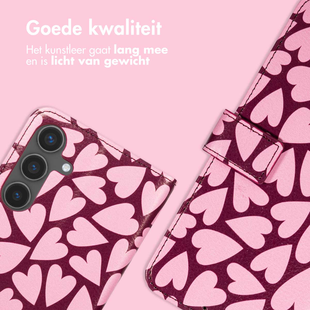 Close-up van een roze telefoonhoesje met hartpatronen en een bordeauxrode achtergrond. De tekst 'Goede kwaliteit' staat bovenaan.
