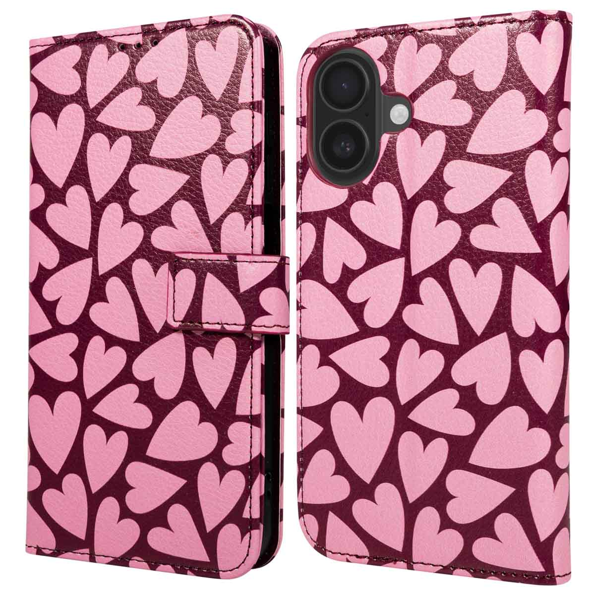 Een roze telefoonhoesje met een hartjespatroon. De achtergrond is donkerroze, de harten lichtroze.