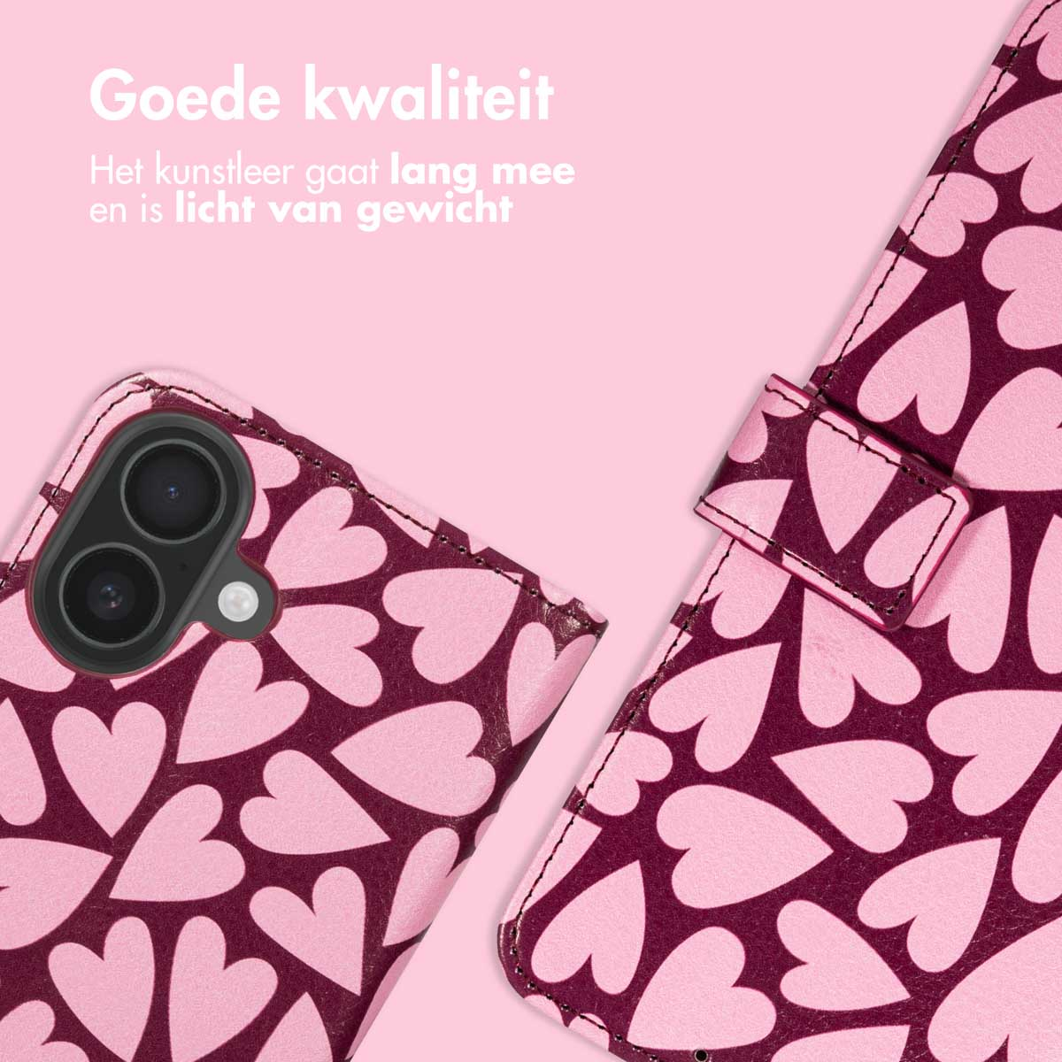Een telefoonhoesje met een patroon van roze harten op een bordeauxrode achtergrond. Bovenin staat 'Goede kwaliteit'. De hoes is open.