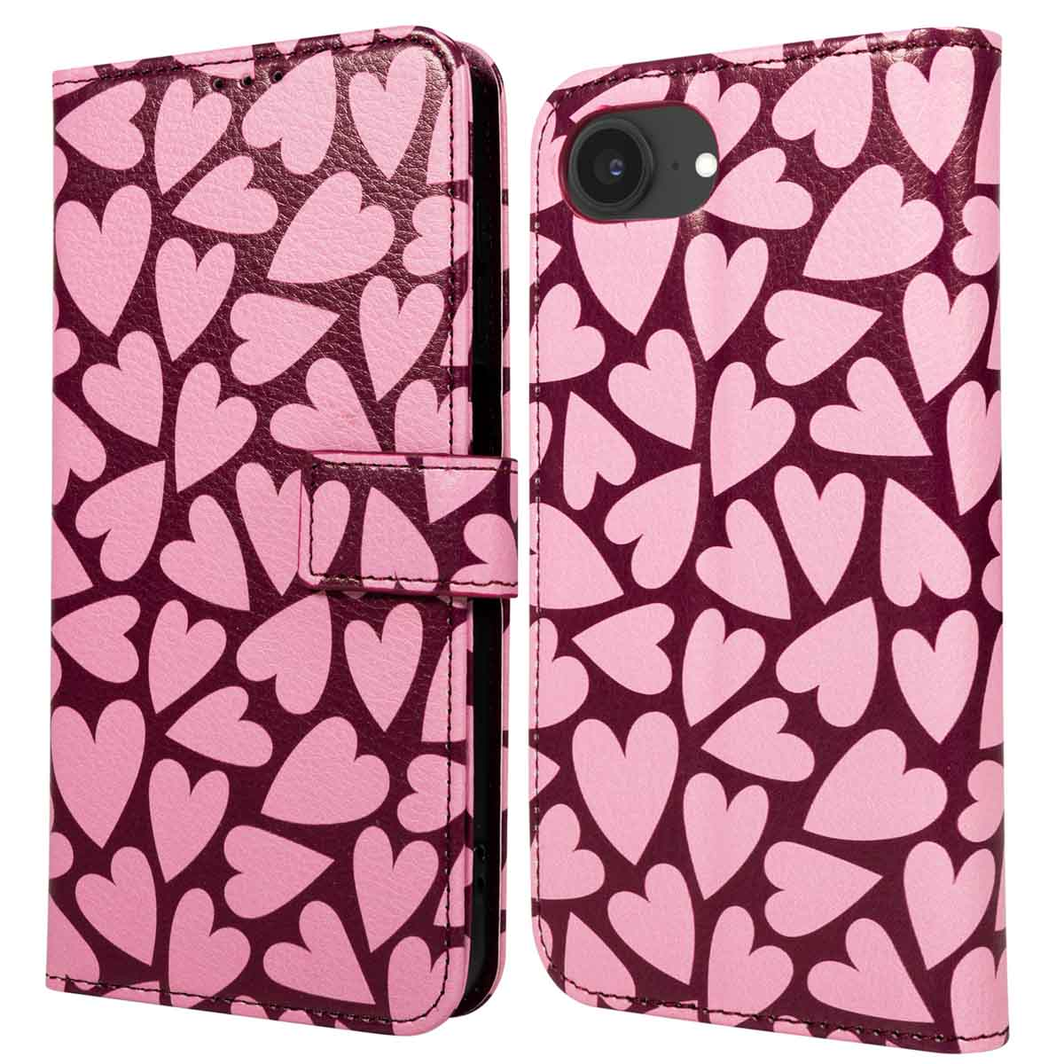 Een roze telefoonhoesje met hartjespatroon. De hoes bestaat uit twee delen. Eén heeft een sluiting. De achtergrond is donkerroze.