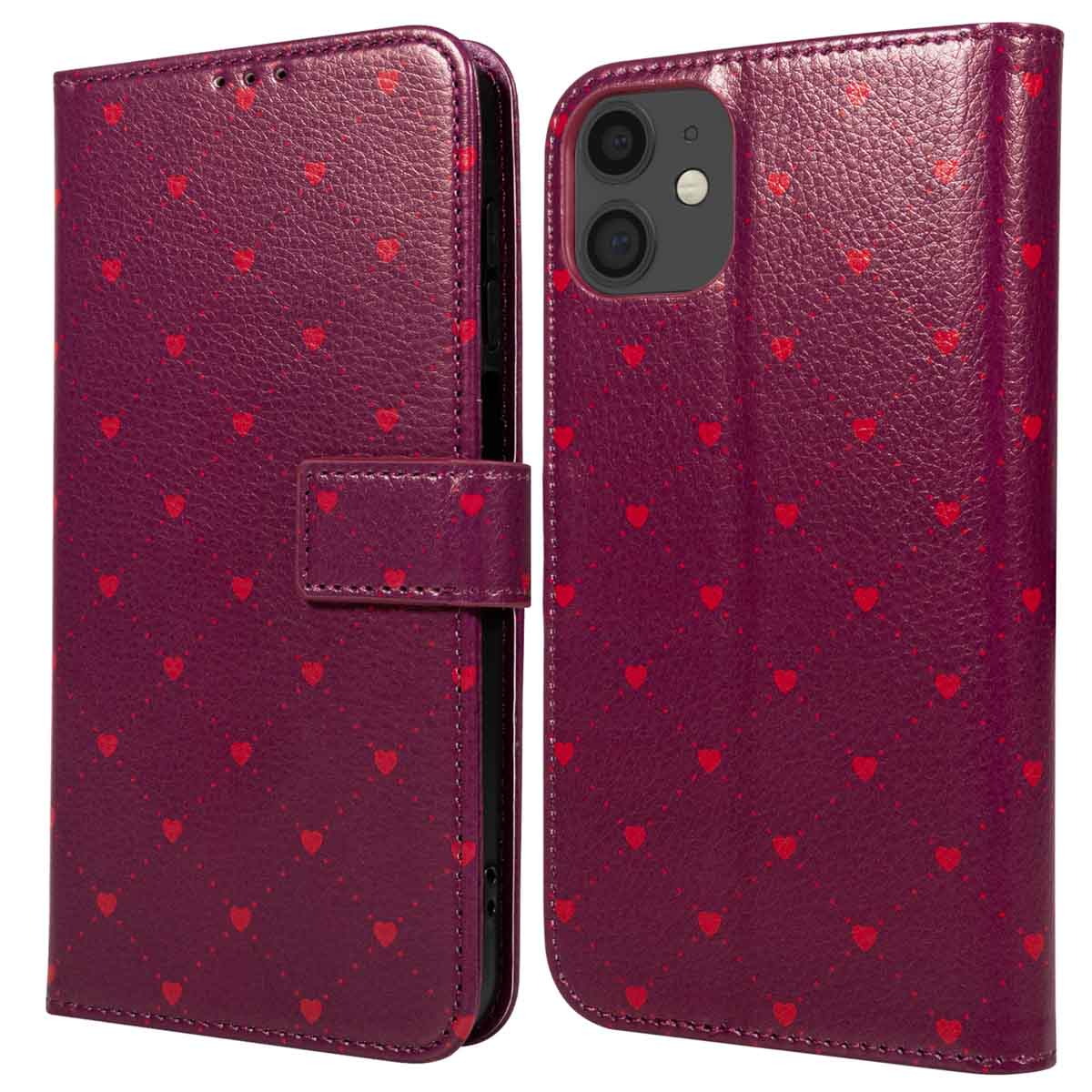 Un étui de téléphone bordeaux avec un motif de cœurs. L'étui est ouvert, montrant la caméra du téléphone. Un fermoir sécurise l'étui.