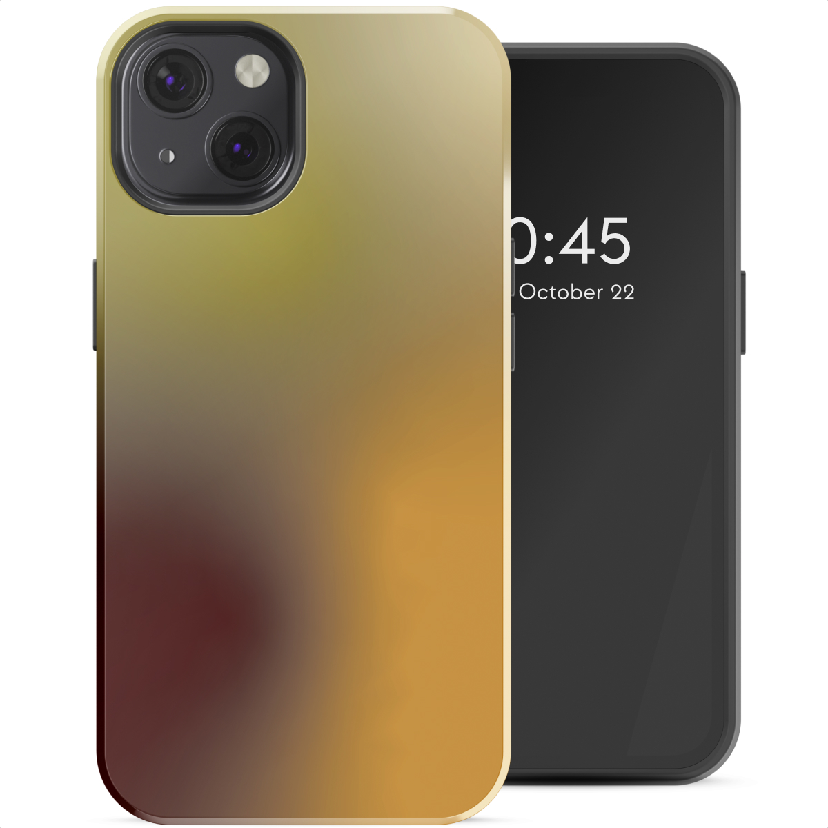 Een smartphone met een kleurverloophoesje wordt weergegeven. Het scherm toont de tijd en datum. De achtergrond is wit.