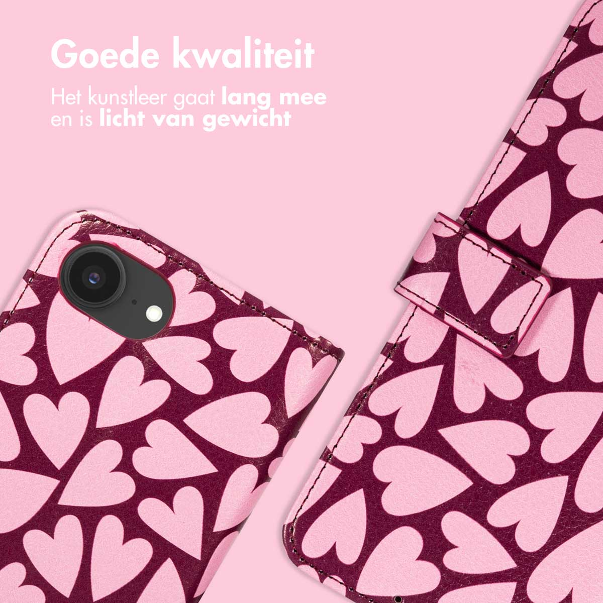 Een telefoonhoesje met een roze hartjespatroon op een bordeauxrode achtergrond. Een tekst zegt: 'Goede kwaliteit'.