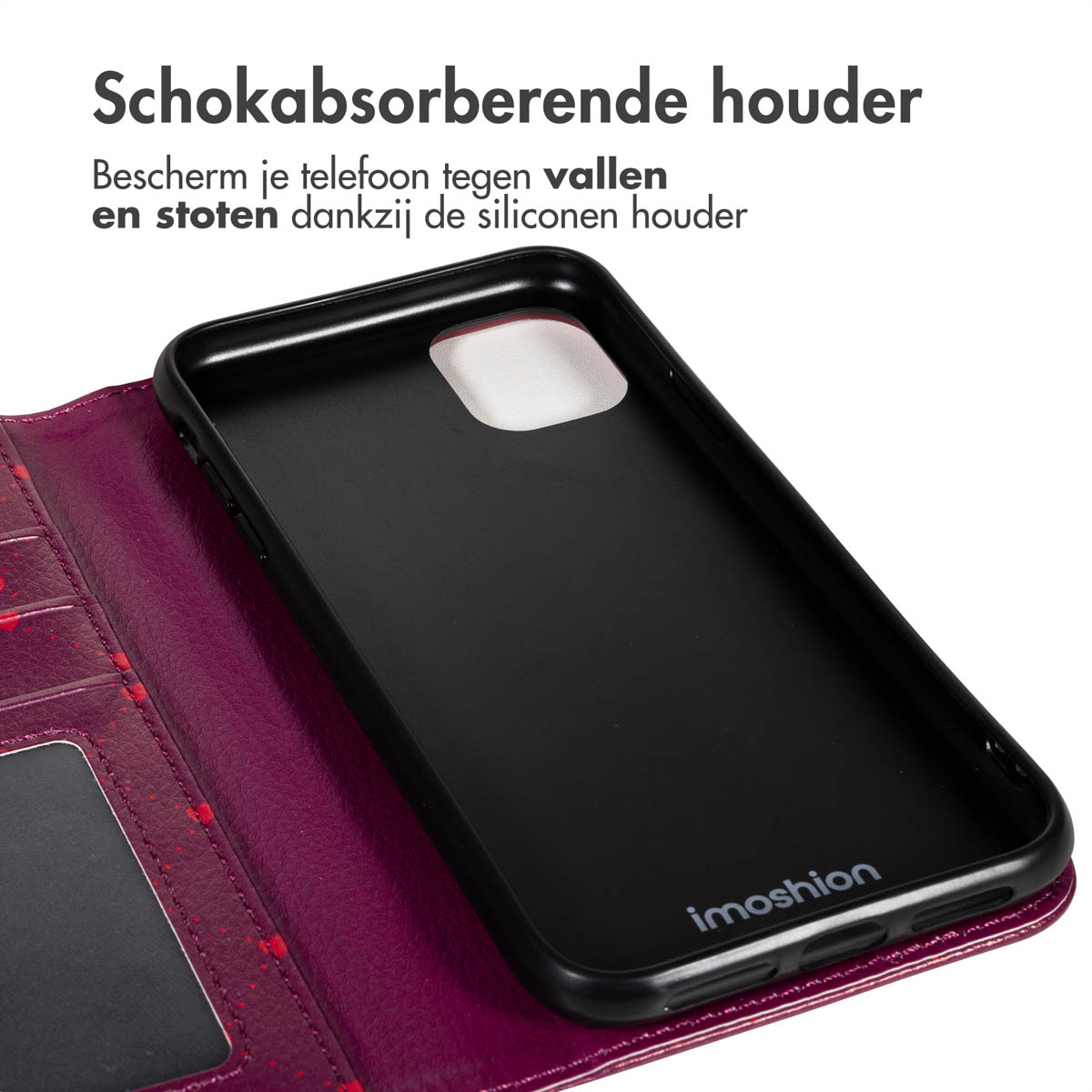 Coque de téléphone noire sur un portefeuille violet. L'étui est ouvert, montrant l'intérieur et le logo 'imoshion'. Texte en haut.
