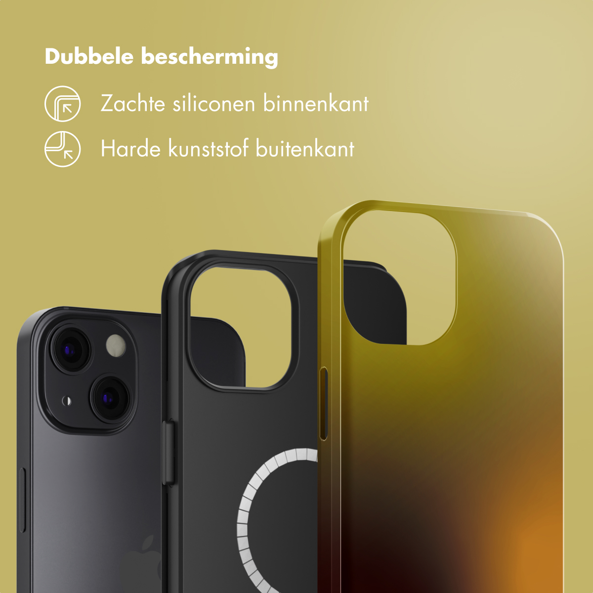 Drie telefoonhoesjes in zwart en gele gradiënt, met dubbele bescherming: zachte siliconen binnenkant, hard plastic buitenkant.