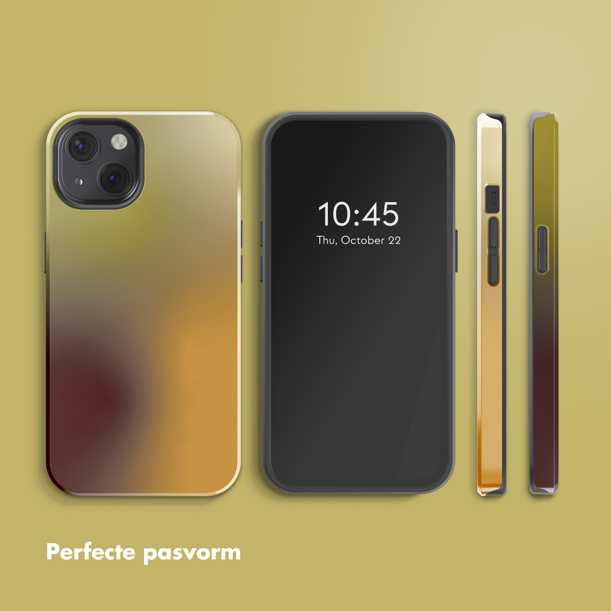 Een smartphone met hoesje. De telefoon toont 10:45 op het scherm. De hoes en telefoon hebben een verloopkleur op een gele achtergrond.