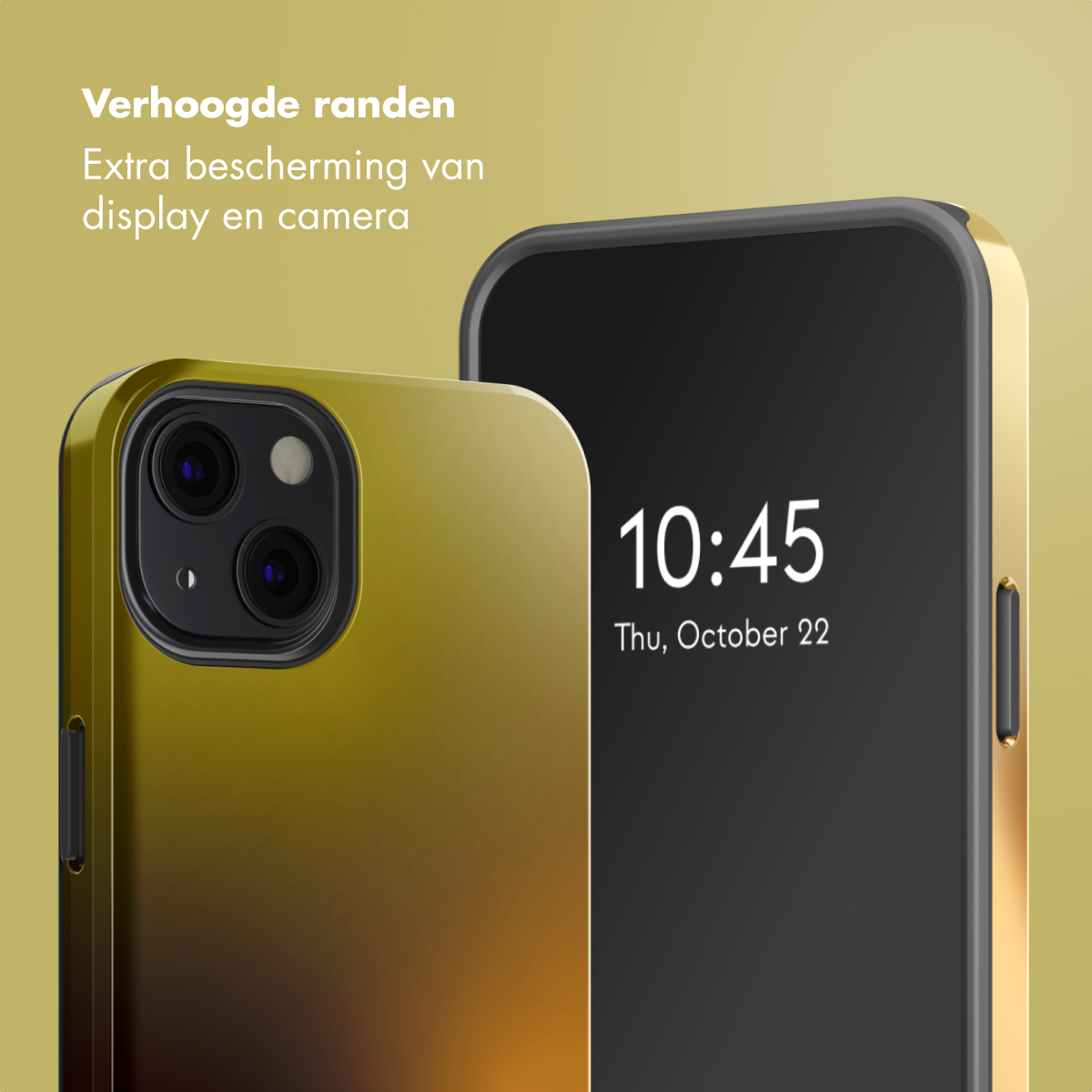 Twee smartphones met hoesjes. Eén toont de tijd, de andere heeft een camera. Tekst: 'Extra bescherming van display en camera'.