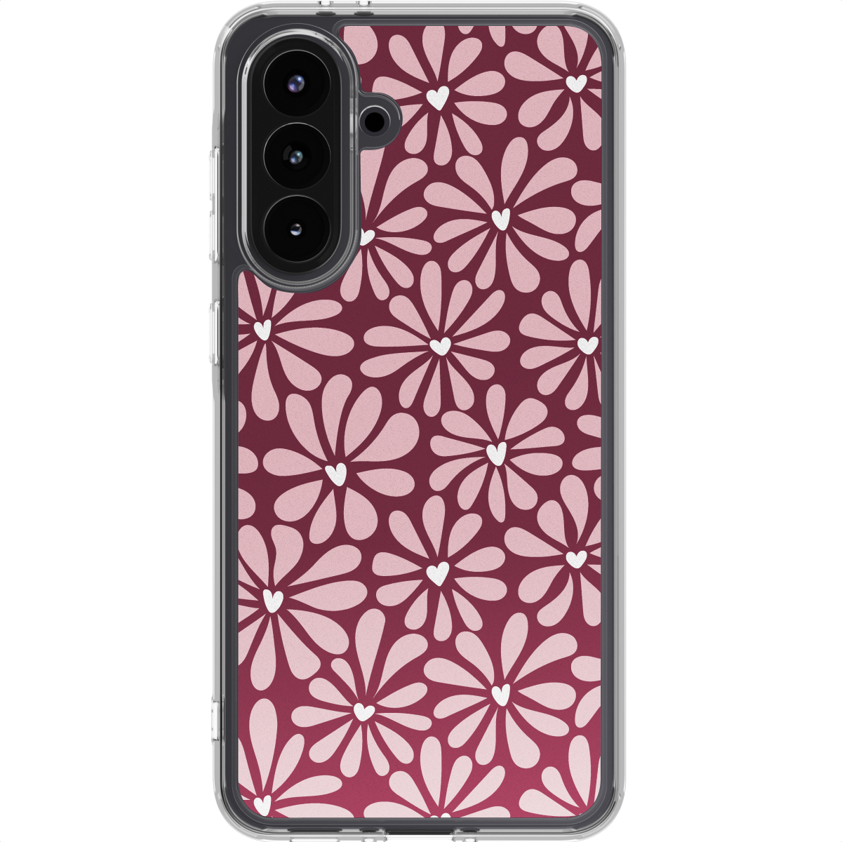Een telefoonhoesje met bloemenpatroon. Roze bloemen met witte hartjes op een bordeauxrode achtergrond. Transparante plastic hoes.