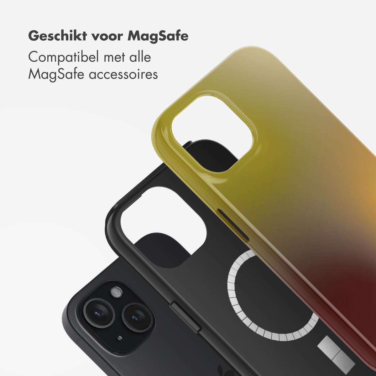 Drie iPhone-hoesjes worden getoond. Eén zwart, één geel-rood verlopend en één zwart. Het gele hoesje ligt bovenop, met tekst erboven.