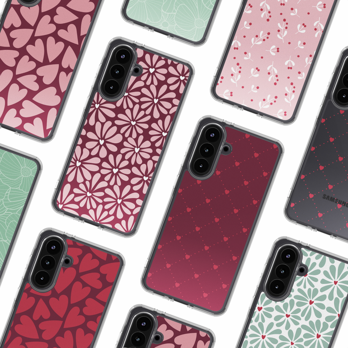Verscheidenheid aan telefoonhoesjes. Ontwerpen omvatten harten, bloemen en bloempatronen. Kleuren zijn roze, rood en groen. Hoesjes op witte achtergrond.