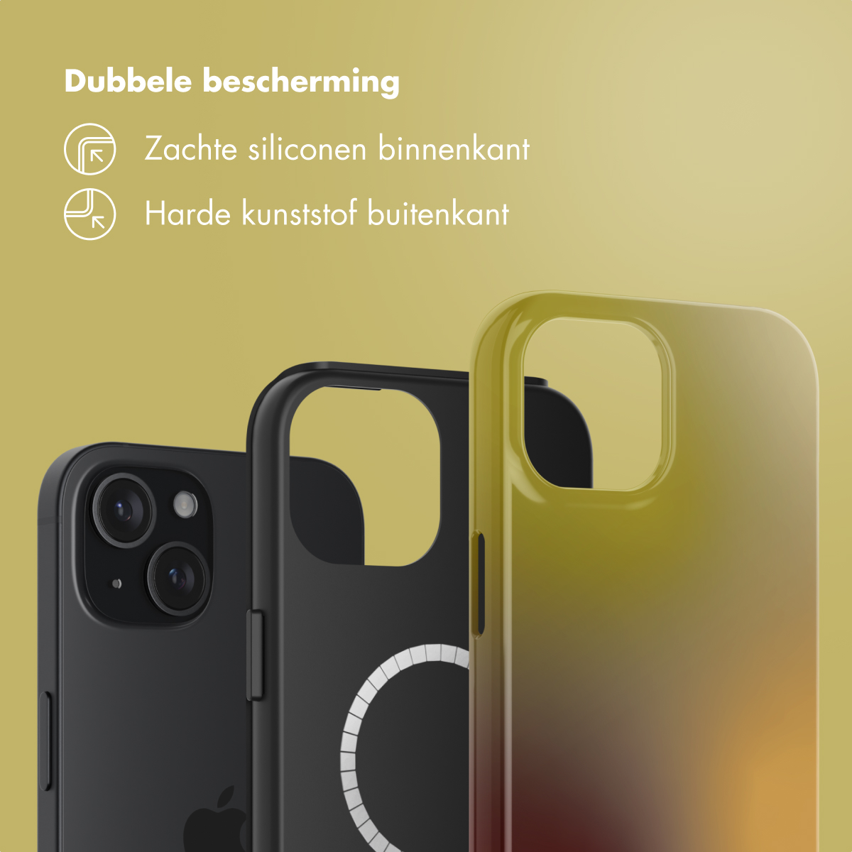 Drie telefoonhoesjes in verschillende kleuren en designs worden weergegeven tegen een gele achtergrond. Boven staat tekst over dubbele bescherming.