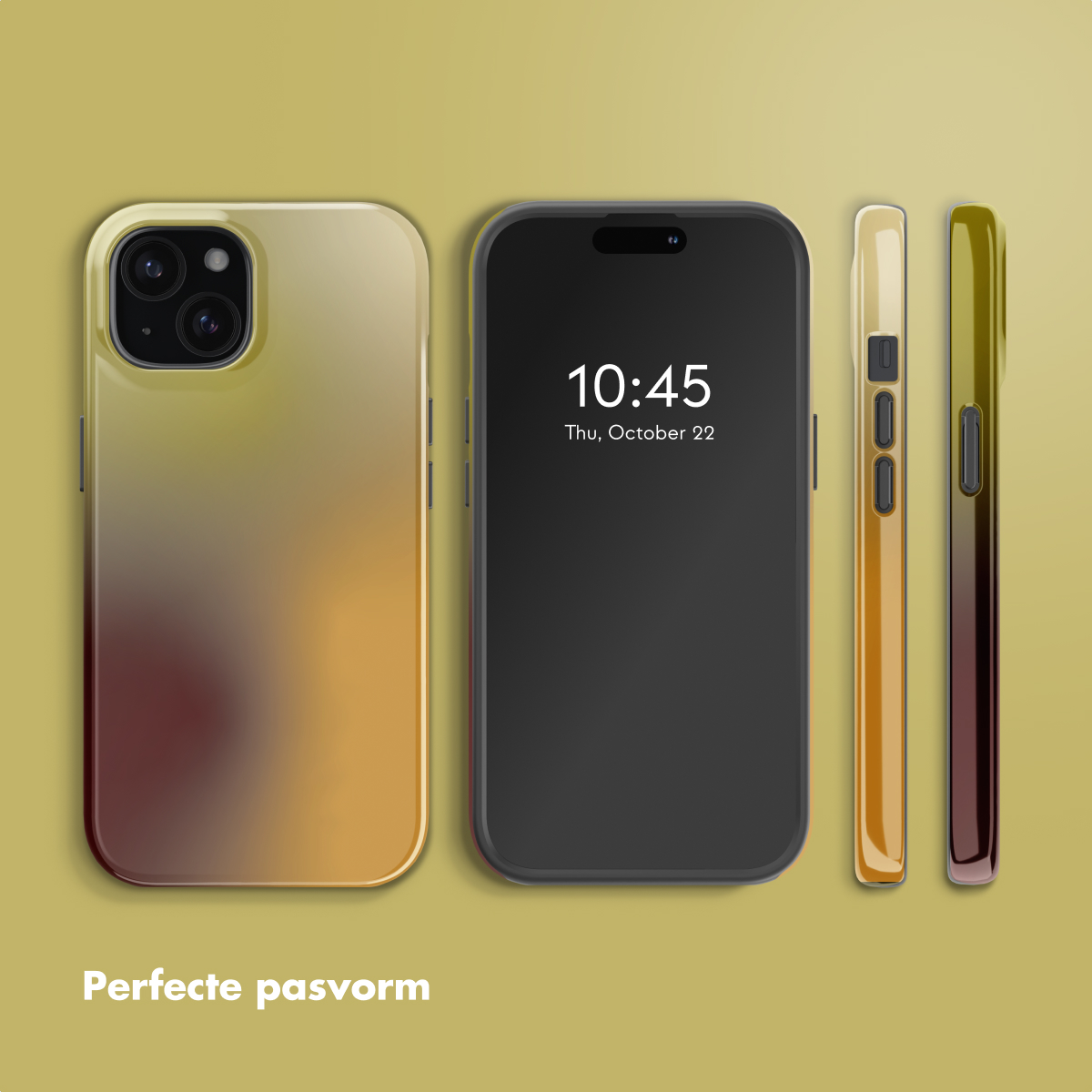 Afbeelding toont een smartphone en hoes in drie verschillende perspectieven, met kleurverlopen en het scherm van de telefoon.