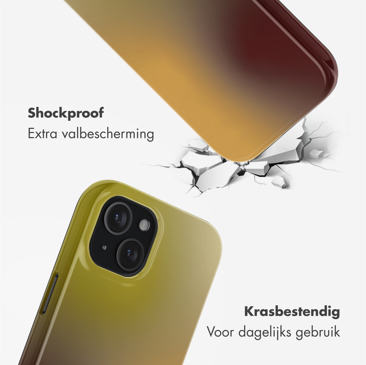 Een telefoonhoesje met kleurovergang op een witte ondergrond, met barsteffect. Tekst: 'Schokbestendig' en 'Krasbestendig'.