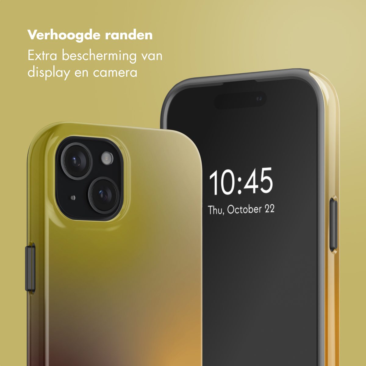 Twee smartphones, één met een gele hoes, de andere met een zwart scherm met de tijd. Tekst linksboven: Verhoogde randen.