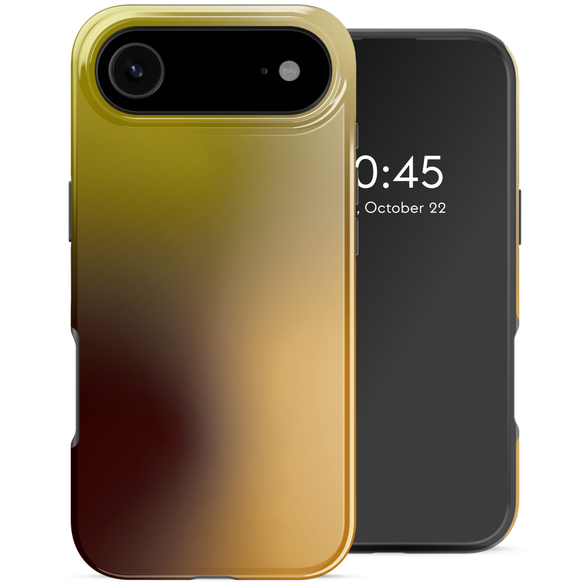 Een telefoon in een hoesje met een gele tot bruine gradiënt. Het scherm toont 0:45, 22 oktober.