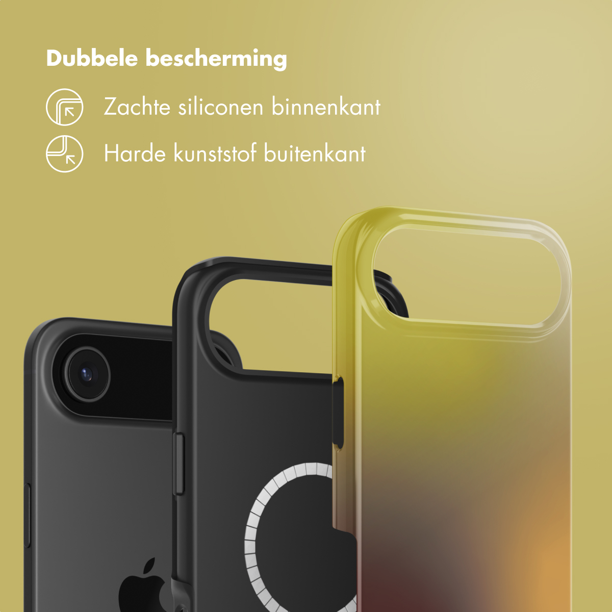 Afbeelding toont drie telefoonhoesjes in verschillende kleuren. Bovenstaande tekst zegt 'Dubbele bescherming' met beschrijvingen.