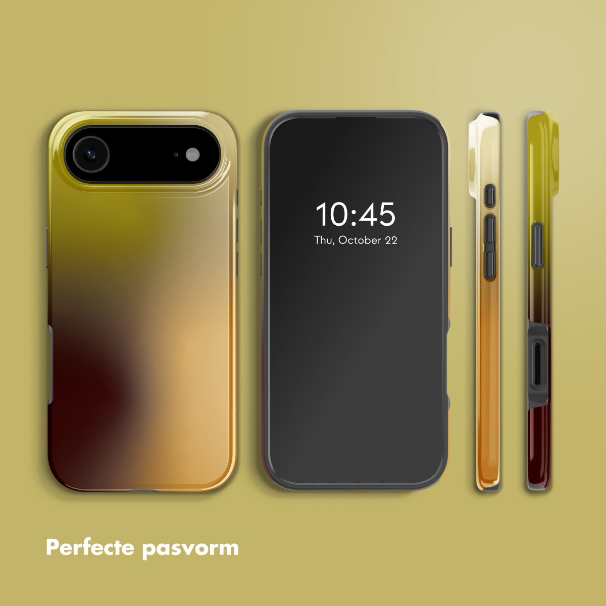 Afbeelding toont een telefoon met een gradiënt hoesje. Er is een hoesje, scherm met tijd en twee zijaanzichten van de case.