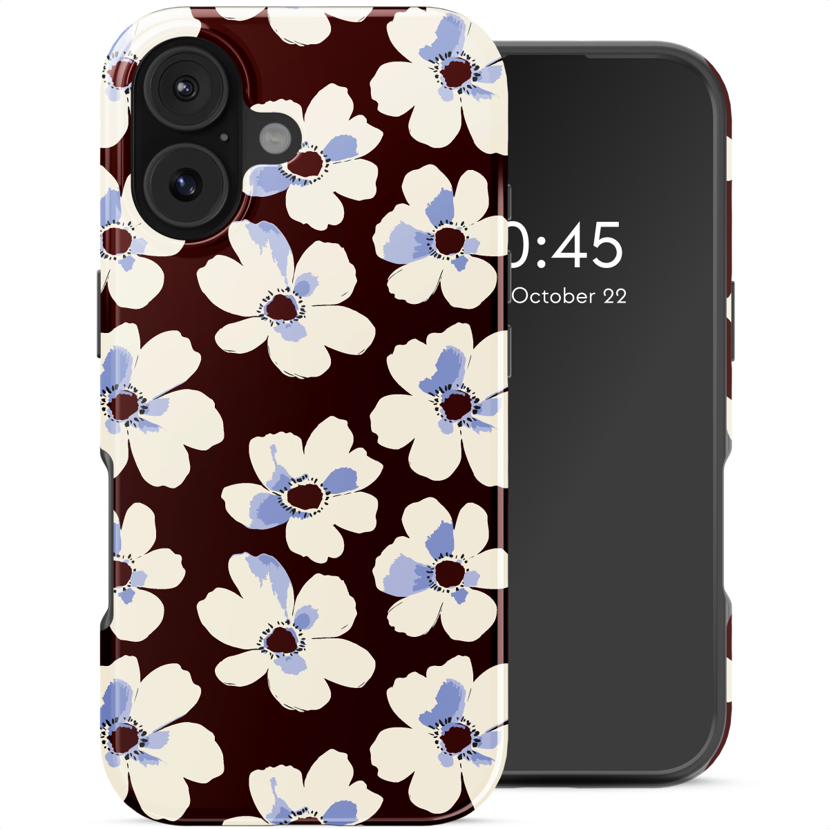 Een telefoon met een hoesje. De hoes heeft een bloemenpatroon met witte bloemen, blauwe centra, op een bordeauxrode achtergrond. De telefoon is zwart.
