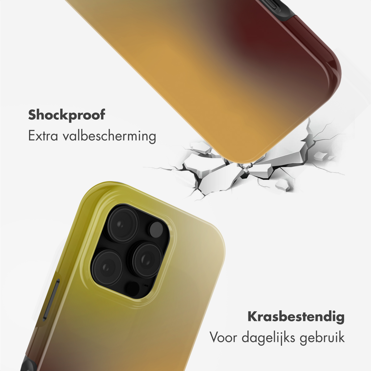 Telefoonhoesjes met kleurverloop, één valt en breekt het oppervlak, de andere in de buurt. Tekst: Schokbestendig, Krasbestendig.