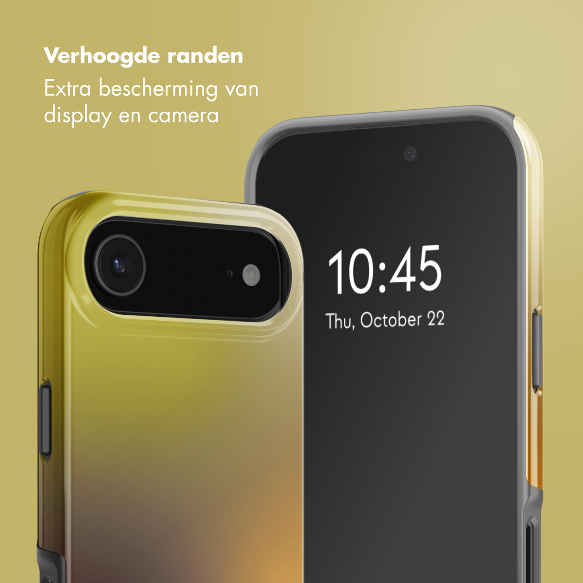 Een telefoon met een beschermhoesje. Het scherm toont de tijd en datum. De hoes is geel en heeft verhoogde randen voor bescherming.