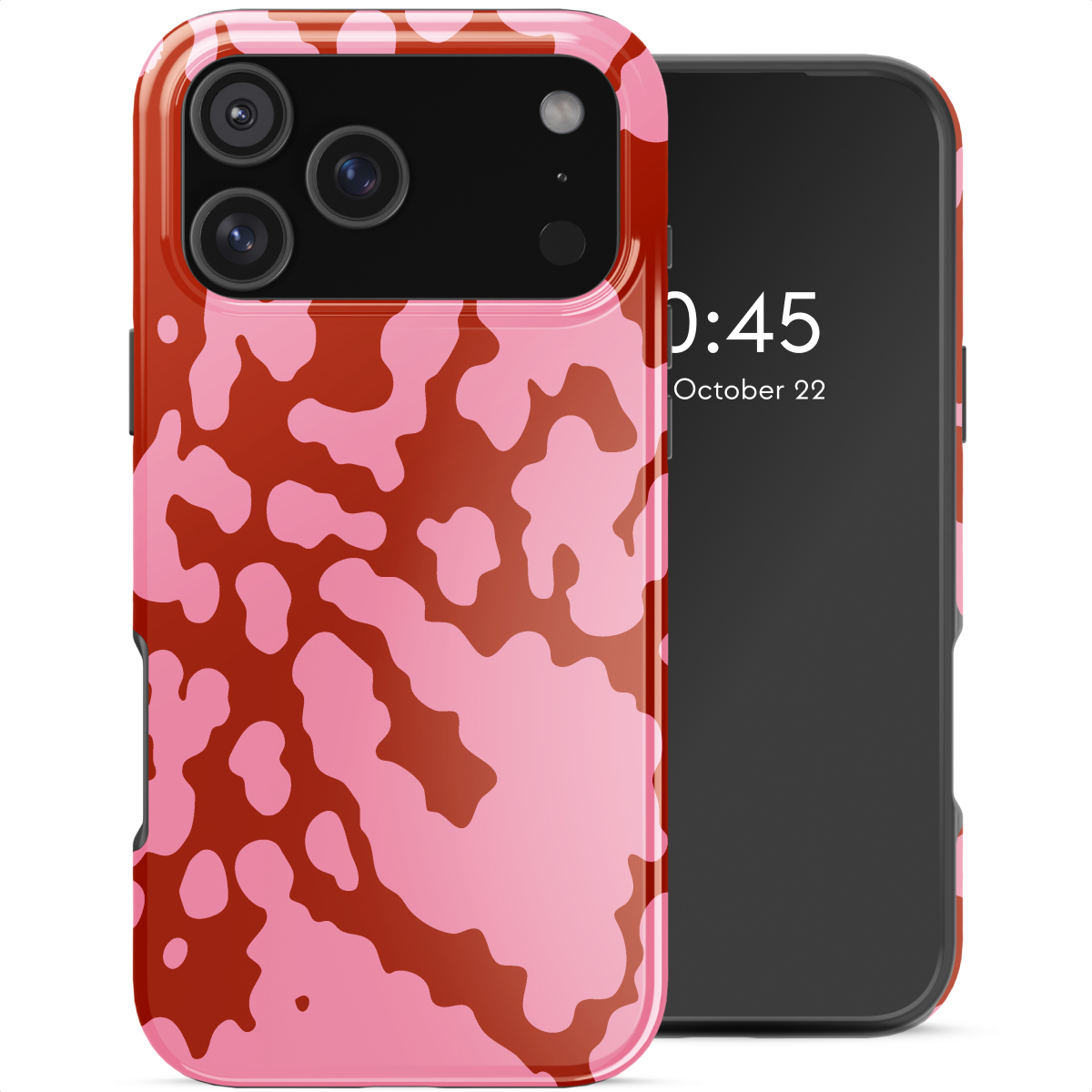 Een smartphone met een roze en bruin gevlekt hoesje. Het scherm toont de tijd en datum. De case heeft een glanzende afwerking.