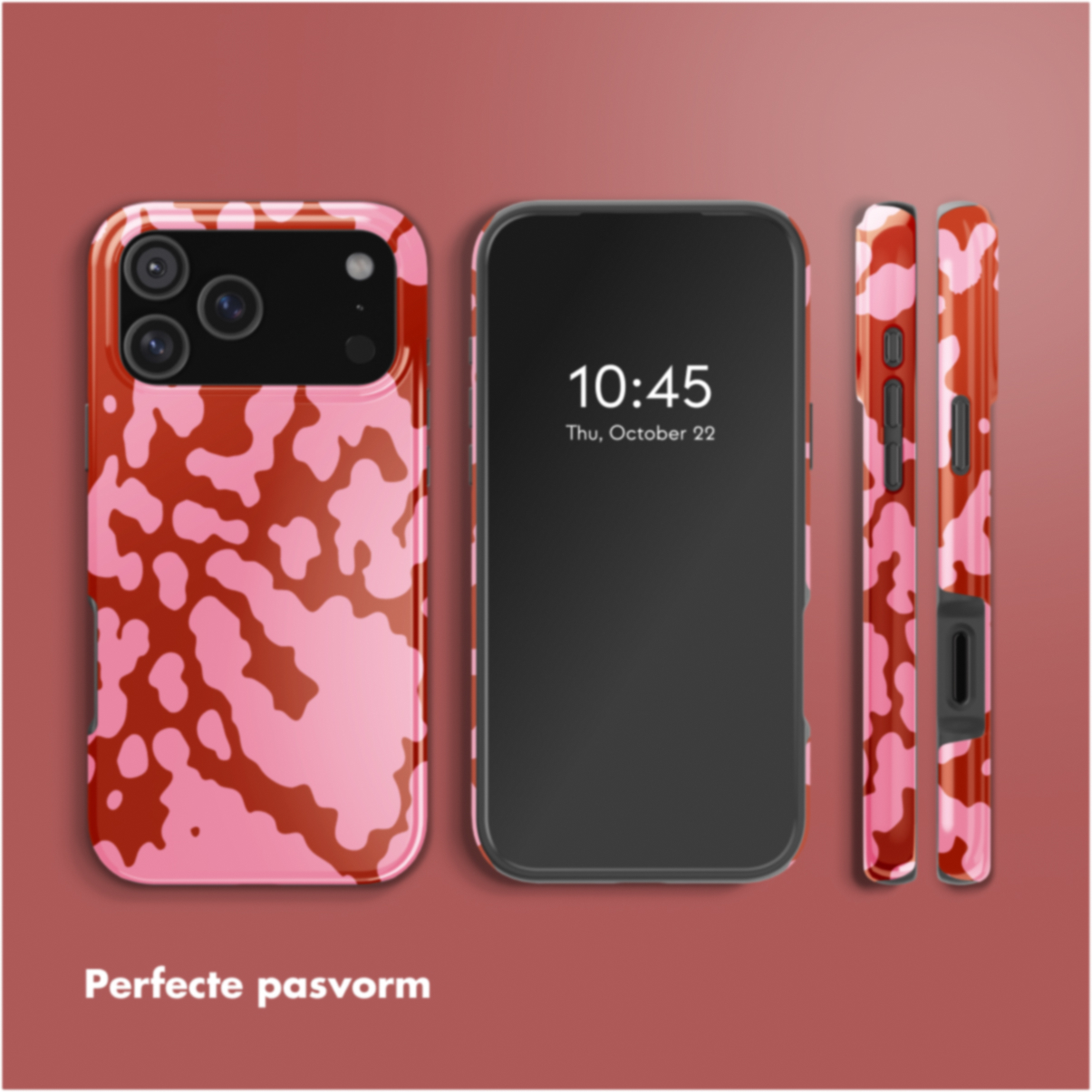 Afbeelding toont een telefoon met een roze en bruin patroon. De telefoon geeft de tijd weer. Andere weergaven tonen de hoes vanuit verschillende hoeken.