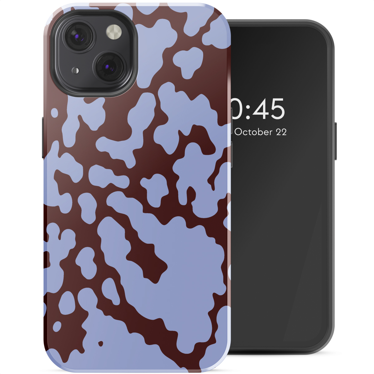Een telefoon met een bruine en lichtblauwe patroonhoes. Het scherm toont de tijd en datum.