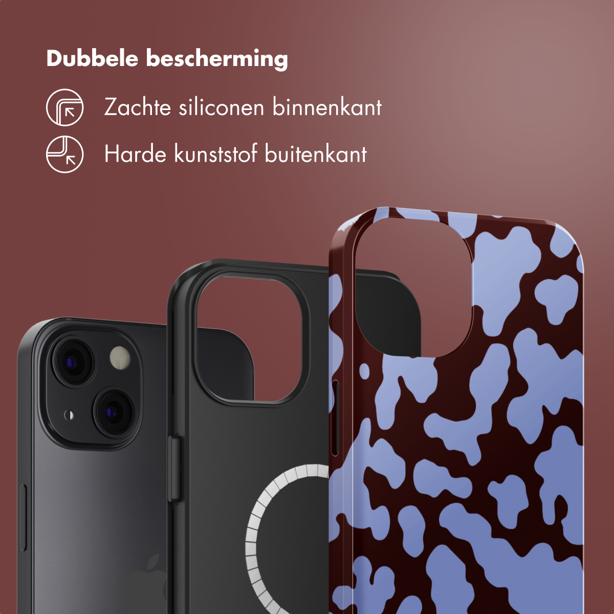 Drie telefoonhoesjes: zwart, zwart met een witte cirkel en een rode hoes met blauwe koeienvlekken. Tekst: Dubbele bescherming.