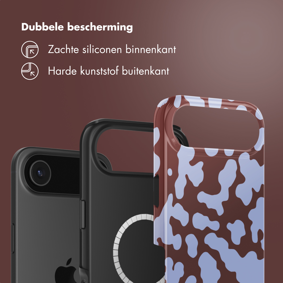 Afbeelding toont drie telefoonhoesjes. Een zwarte, een zwarte met een witte cirkel en een bruine met blauwe vlekken.
