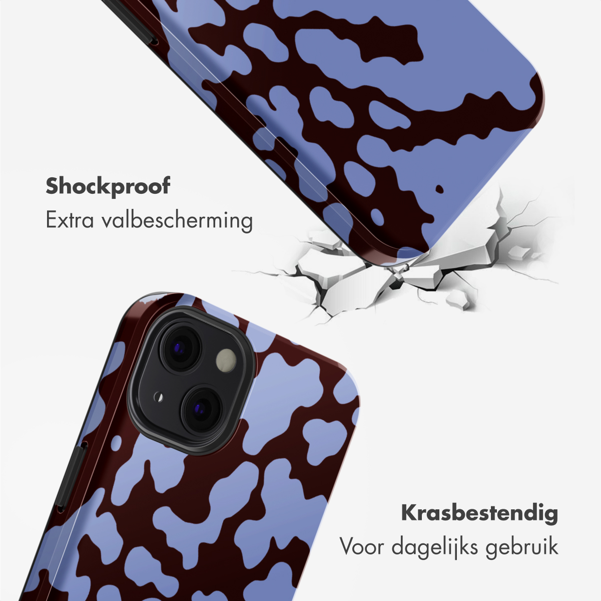 Twee telefoonhoesjes, één valt, één op de grond. Beide hebben een blauw-bruin stippenpatroon. Afbeelding toont schokbestendigheid en krasbestendigheid.
