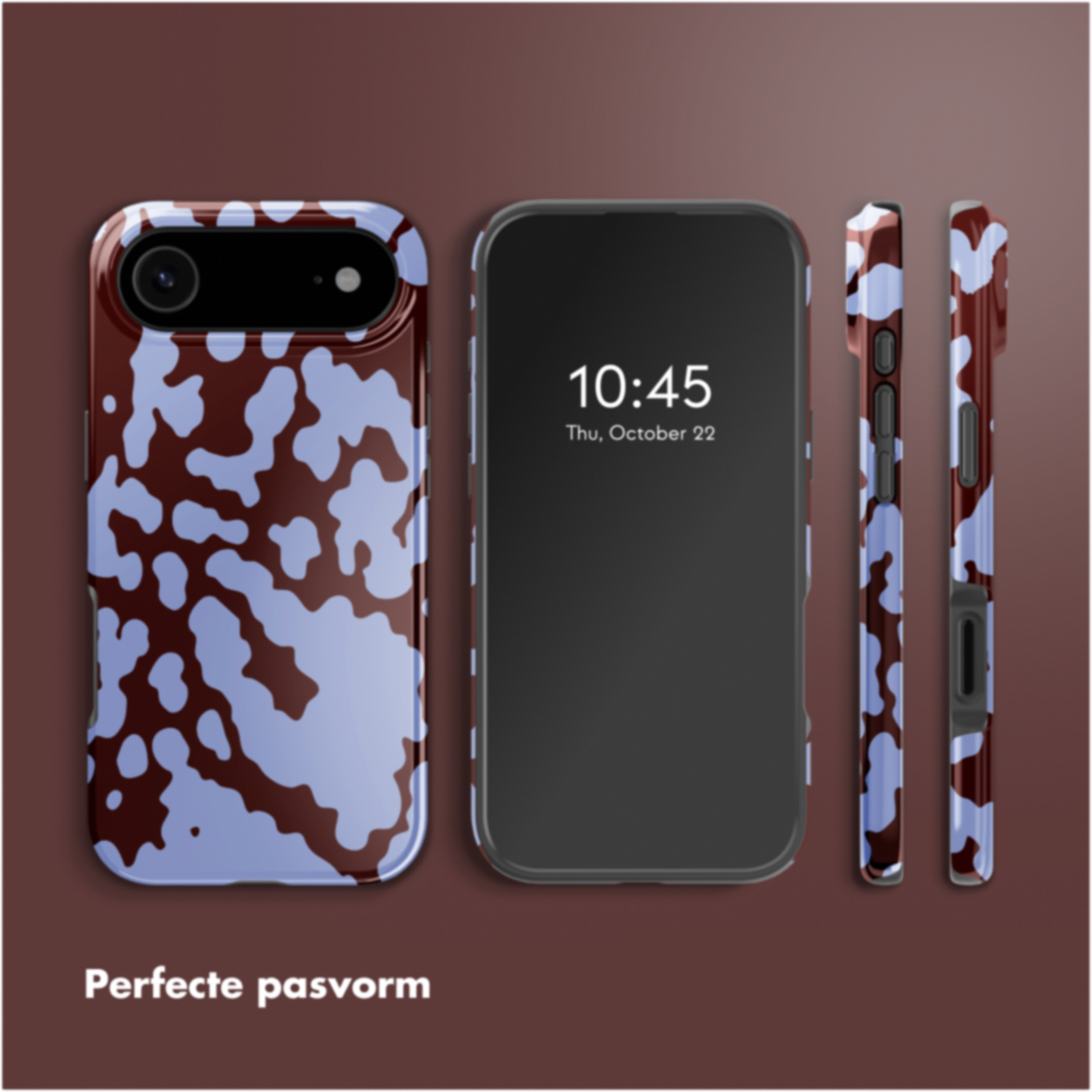 Drie telefoons, één met tijd, andere met bruine en blauwe patroonhoezen. Tekst: 'Perfecte pasvorm'.